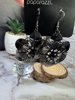 Paparazzi Shiny Black Floral Crystal Layered Drop Earrings